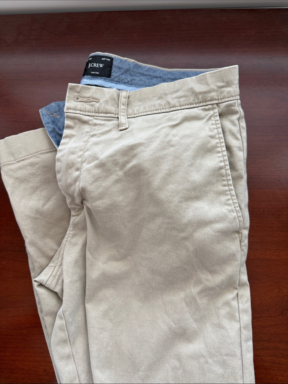 J. Crew Men's Chino Pants in Light Khaki with Blue Waistband Detail